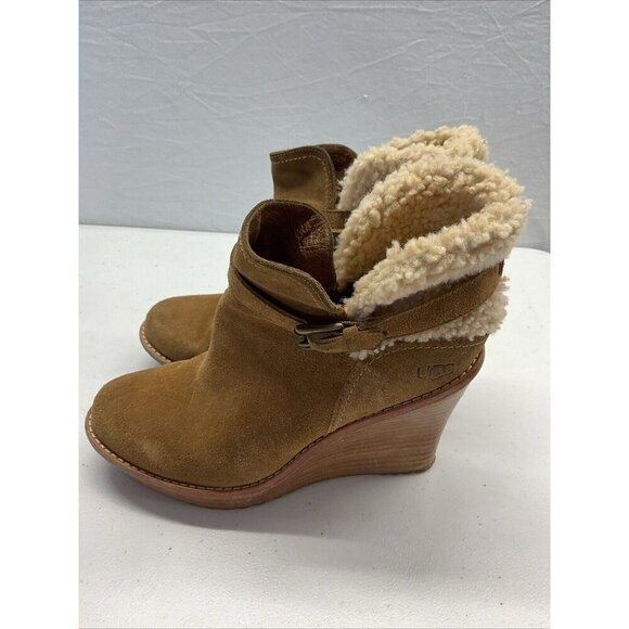 UGG Australia Anais Boots Womens 8.5 Chestnut Brown Suede Wedge Heel - Picture 4 of 11